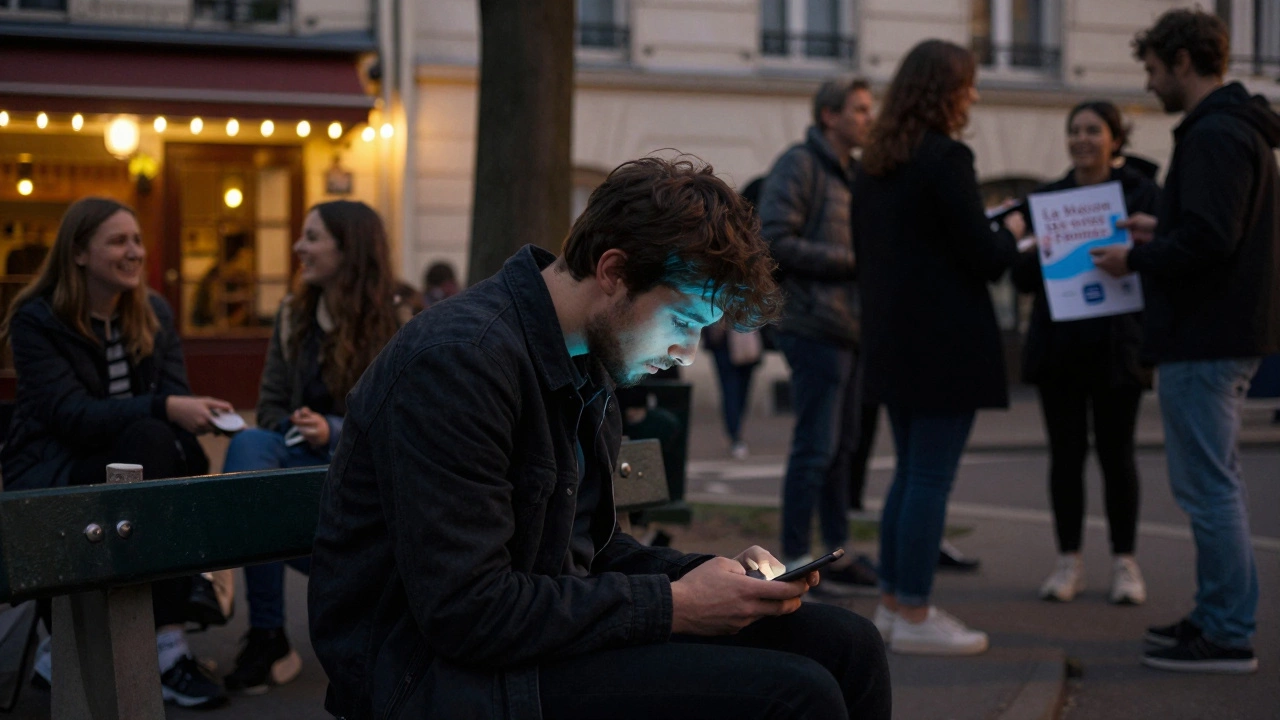 A man on a Paris park bench stares at his phone, while community connection unfolds around him in the golden dusk.