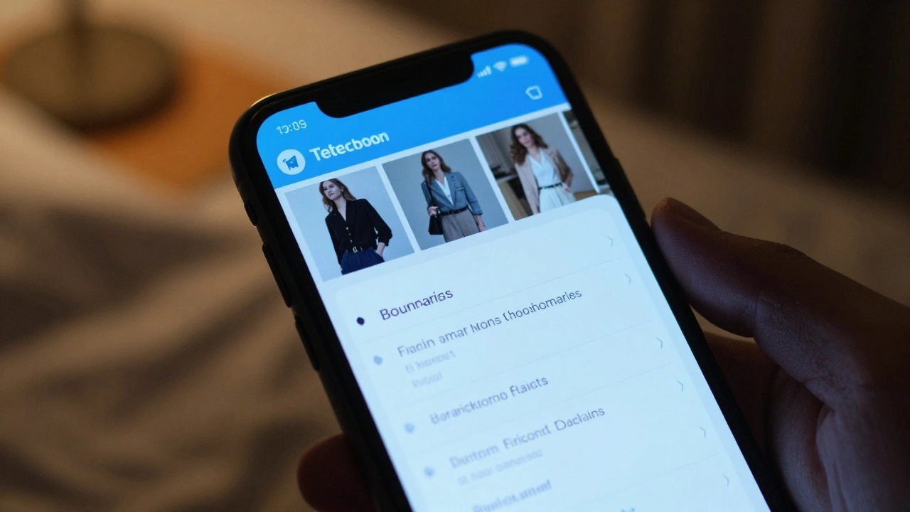 A smartphone displaying a private Telegram profile with photos and boundaries, lit by soft blue screen glow.