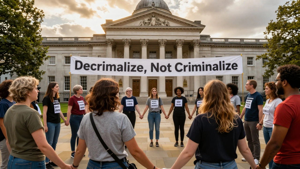 Activists in a circle outside a courthouse, holding banners and reading names aloud