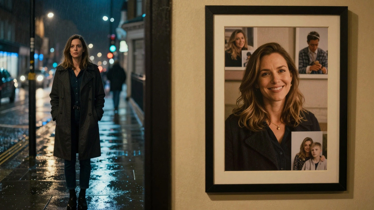 Split image: sex worker alone on rainy street vs. same woman with family photos at home