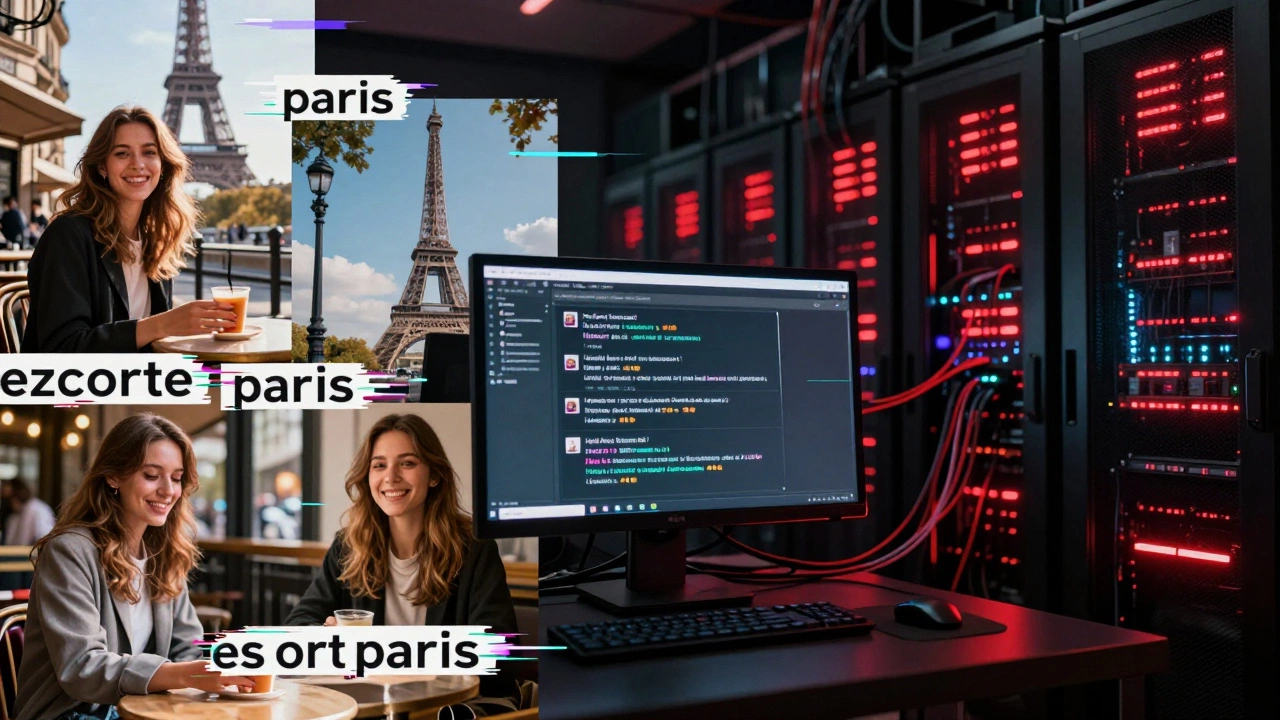 Stolen Instagram photos of women glitch over a dark server room displaying fake escort ads in broken English.