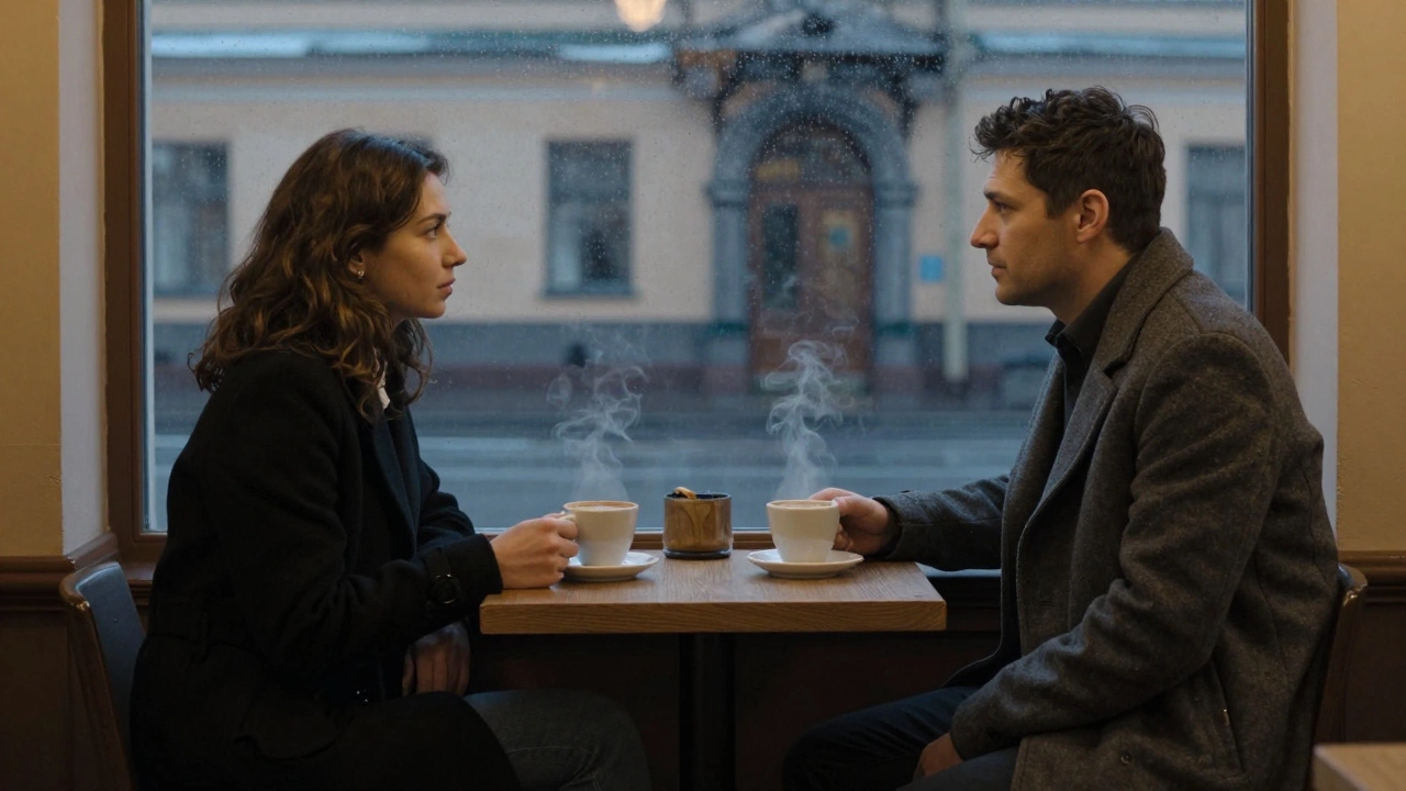 Two people having a thoughtful conversation in a St. Petersburg café, rain on the window behind them.